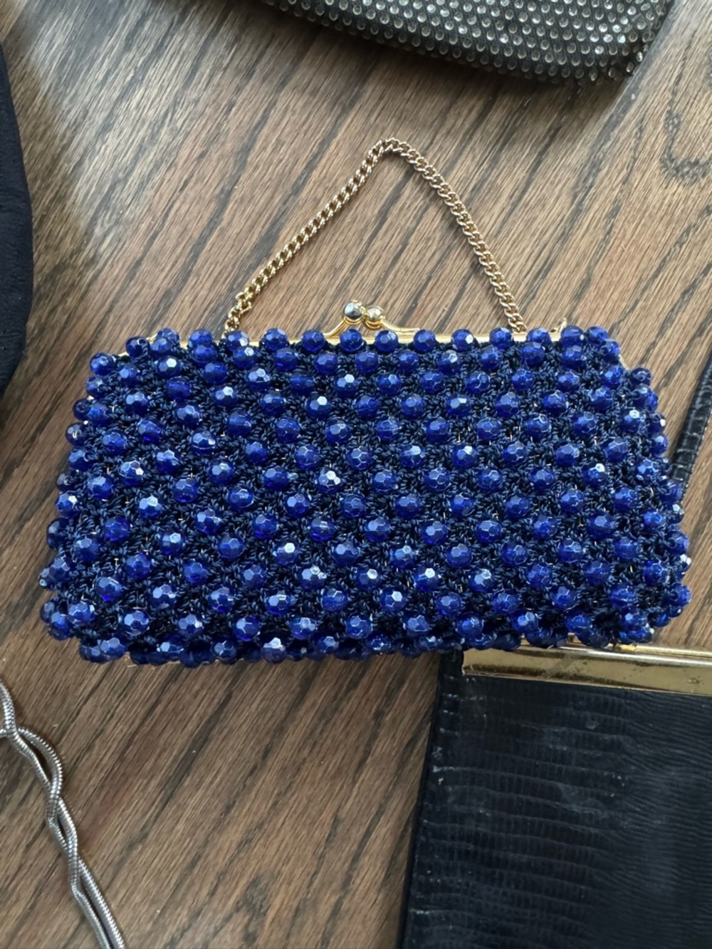Vintage Beaded Navy Evening Clutch with Gold Chain
